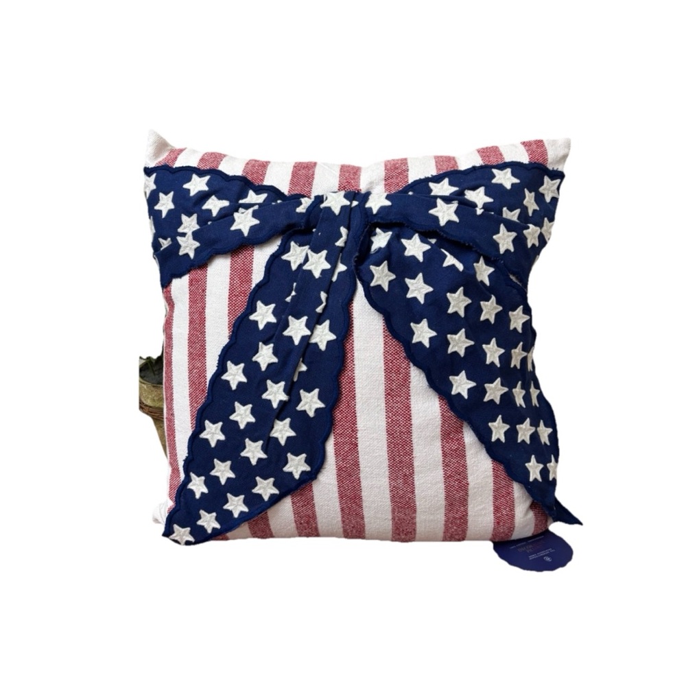 FARMHOUSE AMERICANA FLAG BOW THROW PILLOW JULY 4TH RUSTIC PATRIOTIC DECOR 20X20
